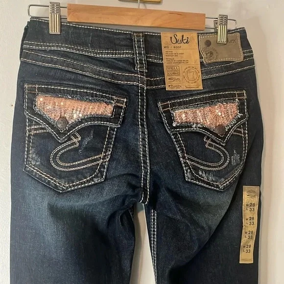 NWT Silver Jeans Co Suki Mid Rise Boot Cut Stretch Sequin Distressed Denim Sz 28 - Picture 13 of 14